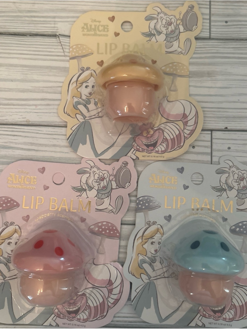 Disney Alice in Wonderland Mushroom Lip Balm Set of 3 - Pink, Yellow, Blue